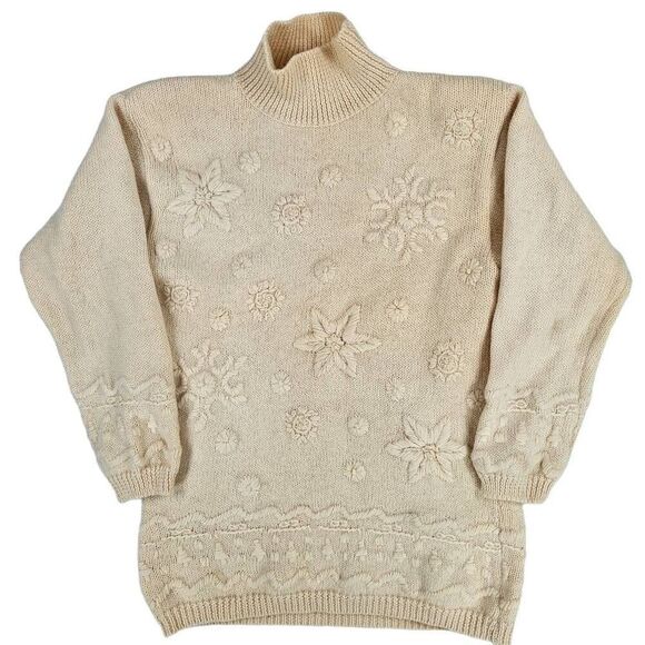 Vintage Winter Snowflake Turtleneck Wool Sweater Cream S - Picture 1 of 6